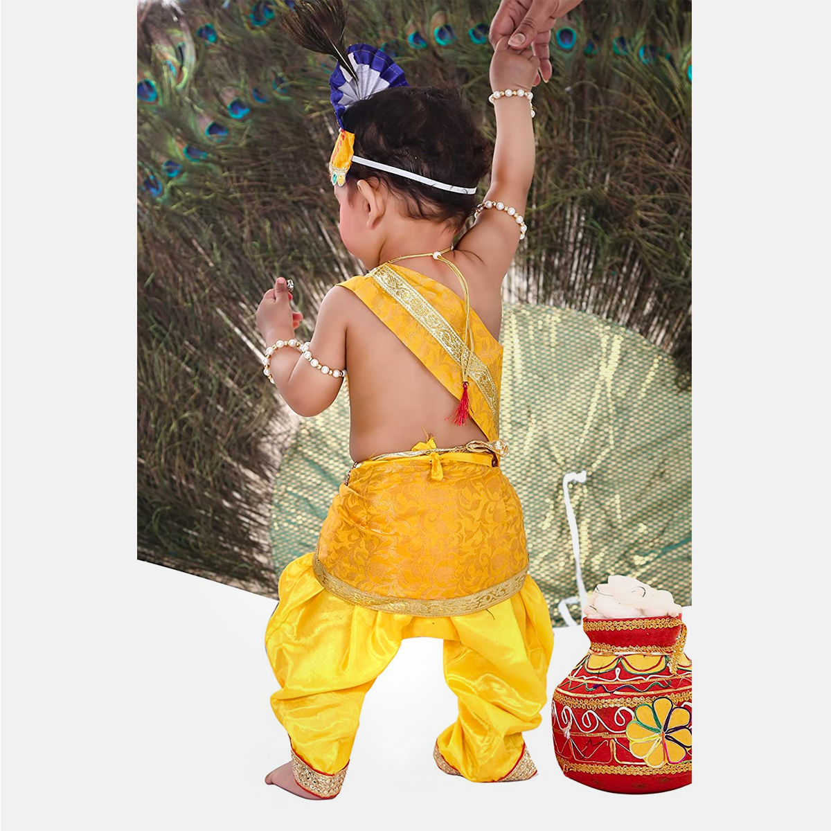 Janmashtmi Dress with Diaper-friendly Dhoti & Dupatta, Mor Pankh Mukut, 5-Layer Mala, Baju Bandh & Bansuri - Dress-Pagri-Mala
