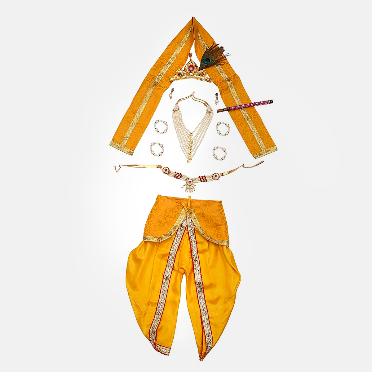 Janmashtmi Dress with Diaper-friendly Dhoti & Dupatta, Mor Pankh Mukut, 5-Layer Mala, Baju Bandh & Bansuri - Yellow and Yellow