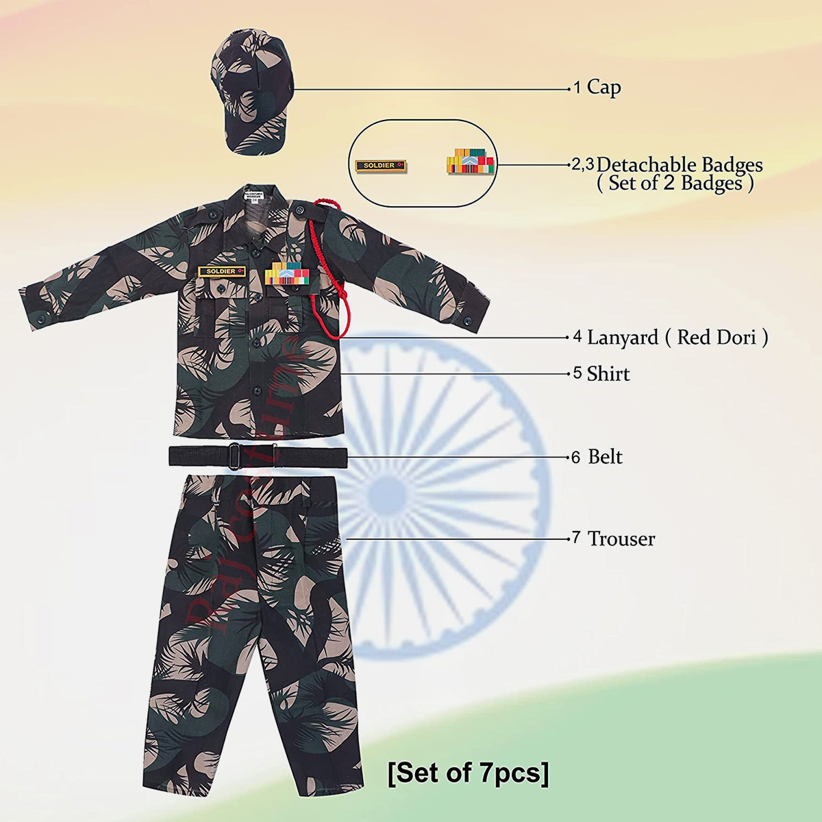 Army Dress for Kids, Polyester Fabric with Jungle Print for Patriotic Cosplay, 7Pc Set with Cap