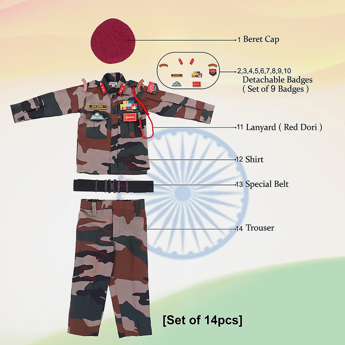 Polyester Fabric Fancy Dress with New Print for Cosplay, 14 Pcs Set with Professional Belt, Special Badges, Maroon Beret Cap