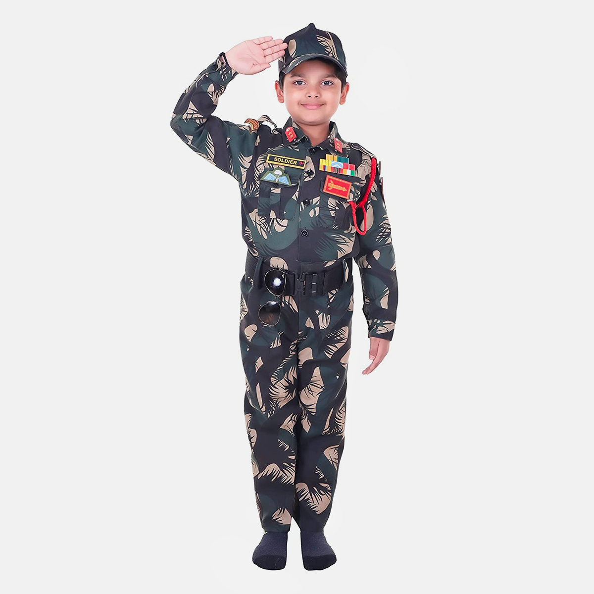 Army Dress for Kids, Polyester Fabric Indian Military Soldier Costume, 14 Pcs Set with Professional Belt