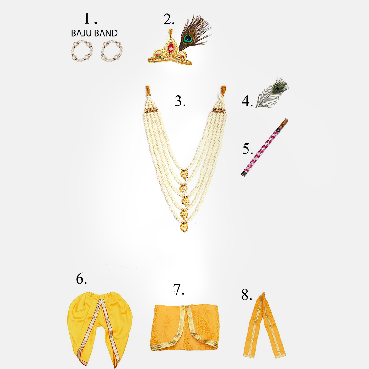 Janmashtmi Dress with Diaper-friendly Dhoti & Dupatta, Mor Pankh Mukut, 5-Layer Mala, Baju Bandh & Bansuri - Yellow