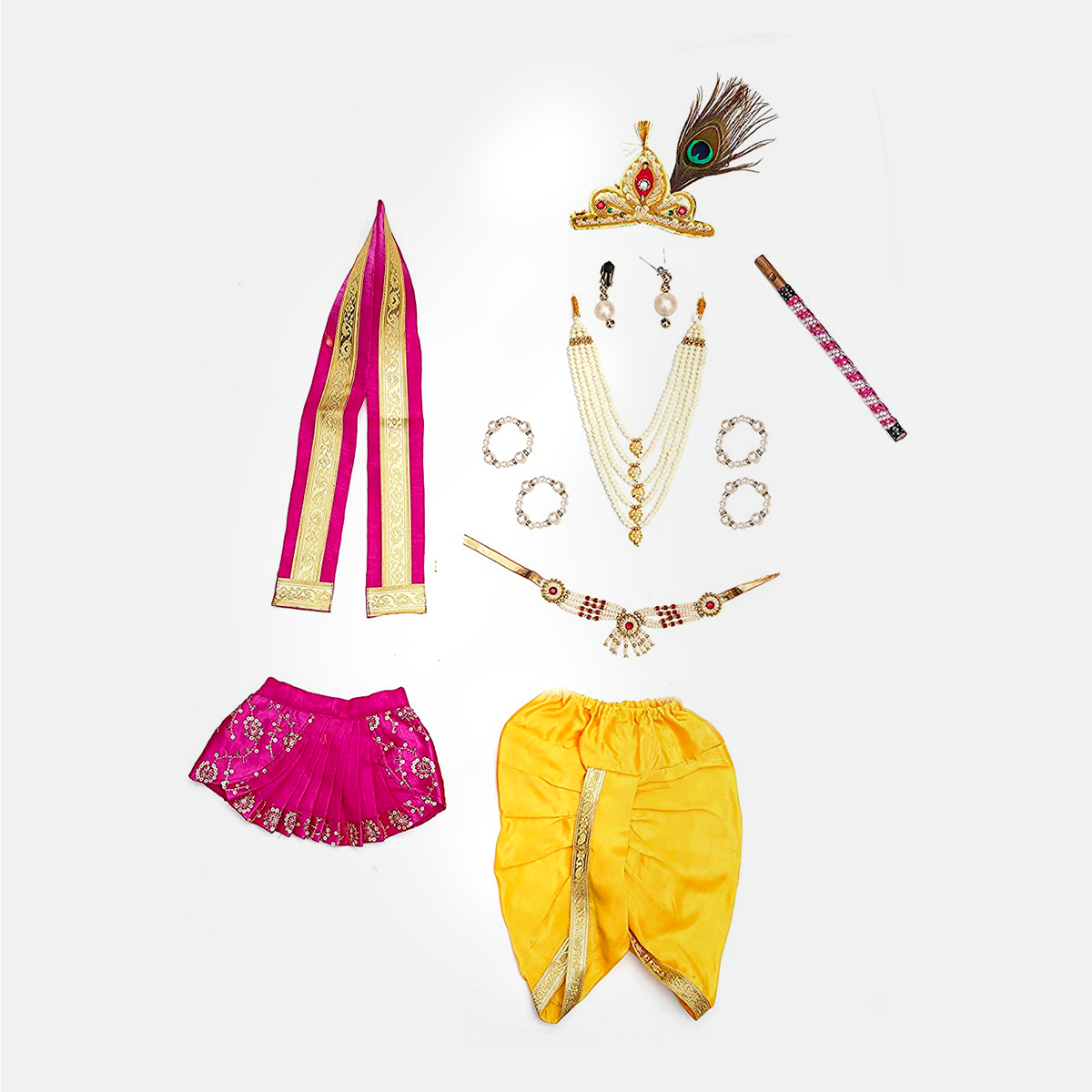 Janmashtmi Dress with Diaper-friendly Dhoti & Dupatta, Mor Pankh Mukut, 5-Layer Mala, Baju Bandh & Bansuri - Yellow and Magenta