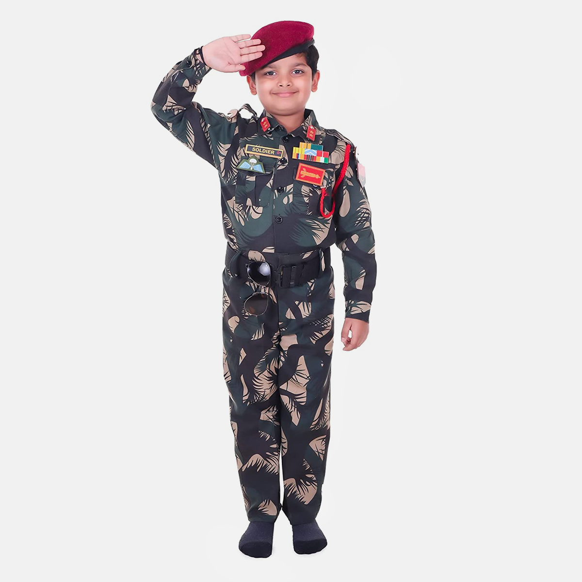 Army Dress for Kids, 14 Pcs Set with Professional Belt, Special Badges, Maroon Beret Cap