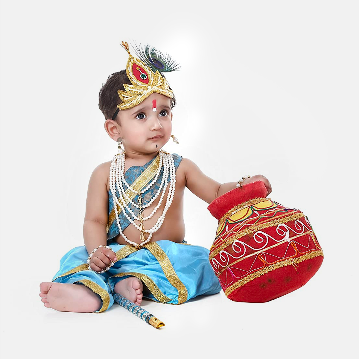 Baby Krishna Dress for Janmashtami with Krishna Mukut, Peacock Feather & Flute - Full-Ferozi