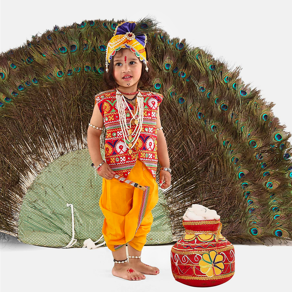 Radha and Krishna Brocade Fabric Janmashtami Mythological Character Costume - Multicolor-Jacket