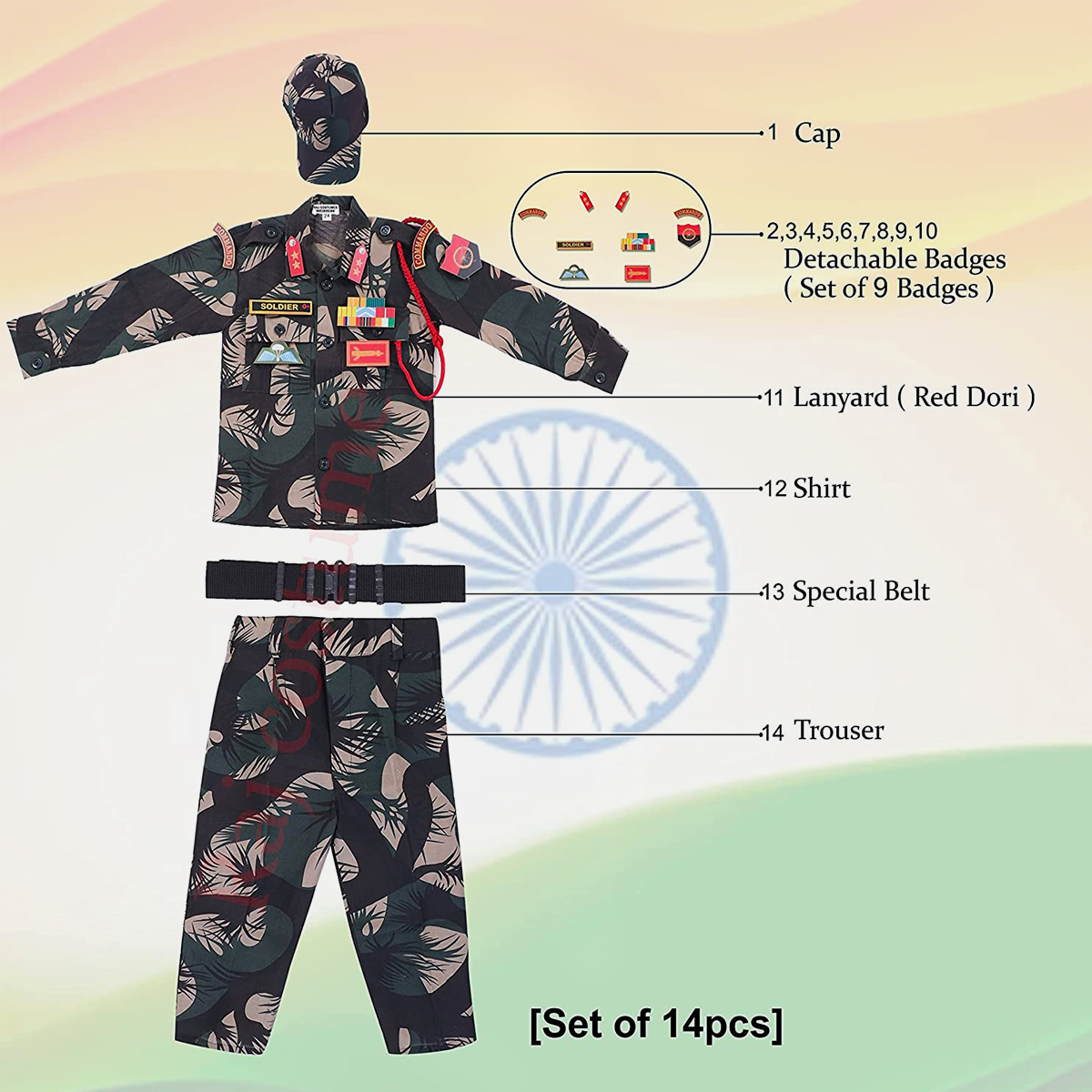 Army Dress for Kids, Polyester Fabric Indian Military Soldier Costume, 14 Pcs Set with Professional Belt