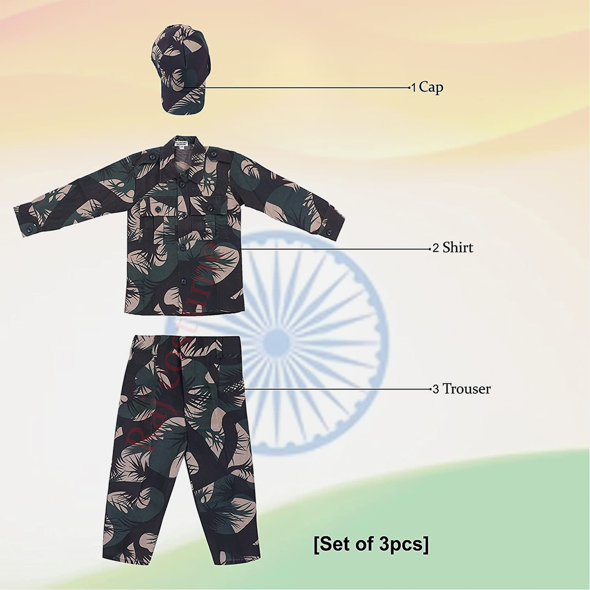 Army Dress for Boys and Girls, Set of 3 with Lightweight Pants, Shirt, Cap, 3Y