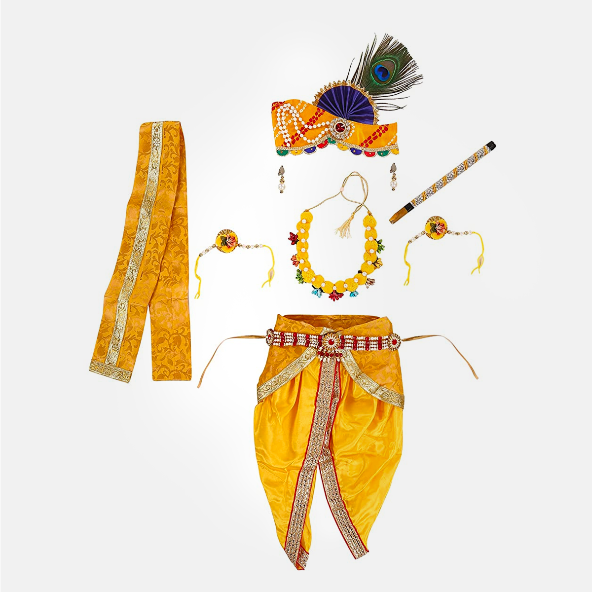 Janmashtmi Dress with Diaper-friendly Dhoti & Dupatta, Mor Pankh Mukut, 5-Layer Mala, Baju Bandh & Bansuri - Dress-Pagri-Flower