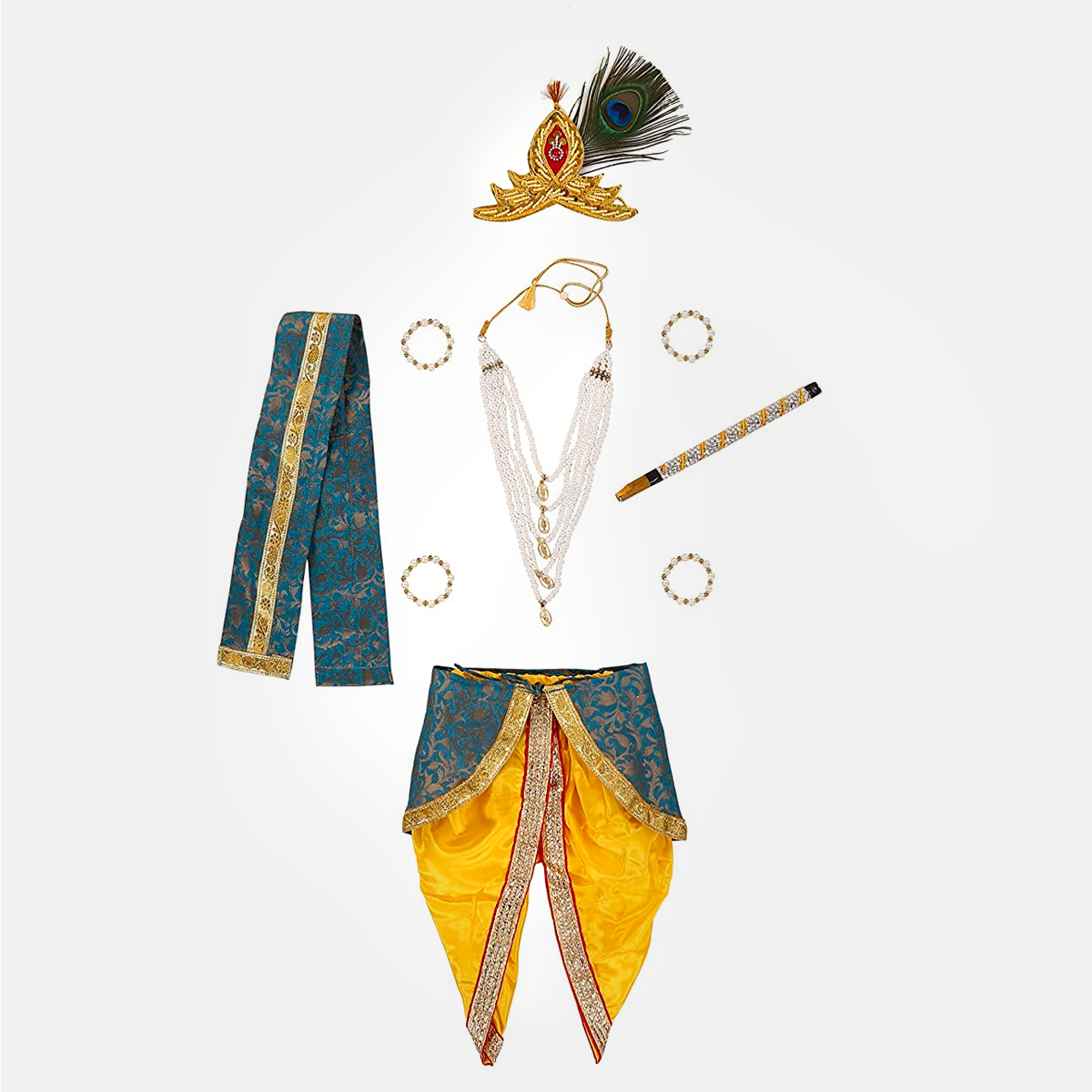 Baby Krishna Dress for Janmashtami with Krishna Mukut, Peacock Feather & Flute - Yellow-Ferozi