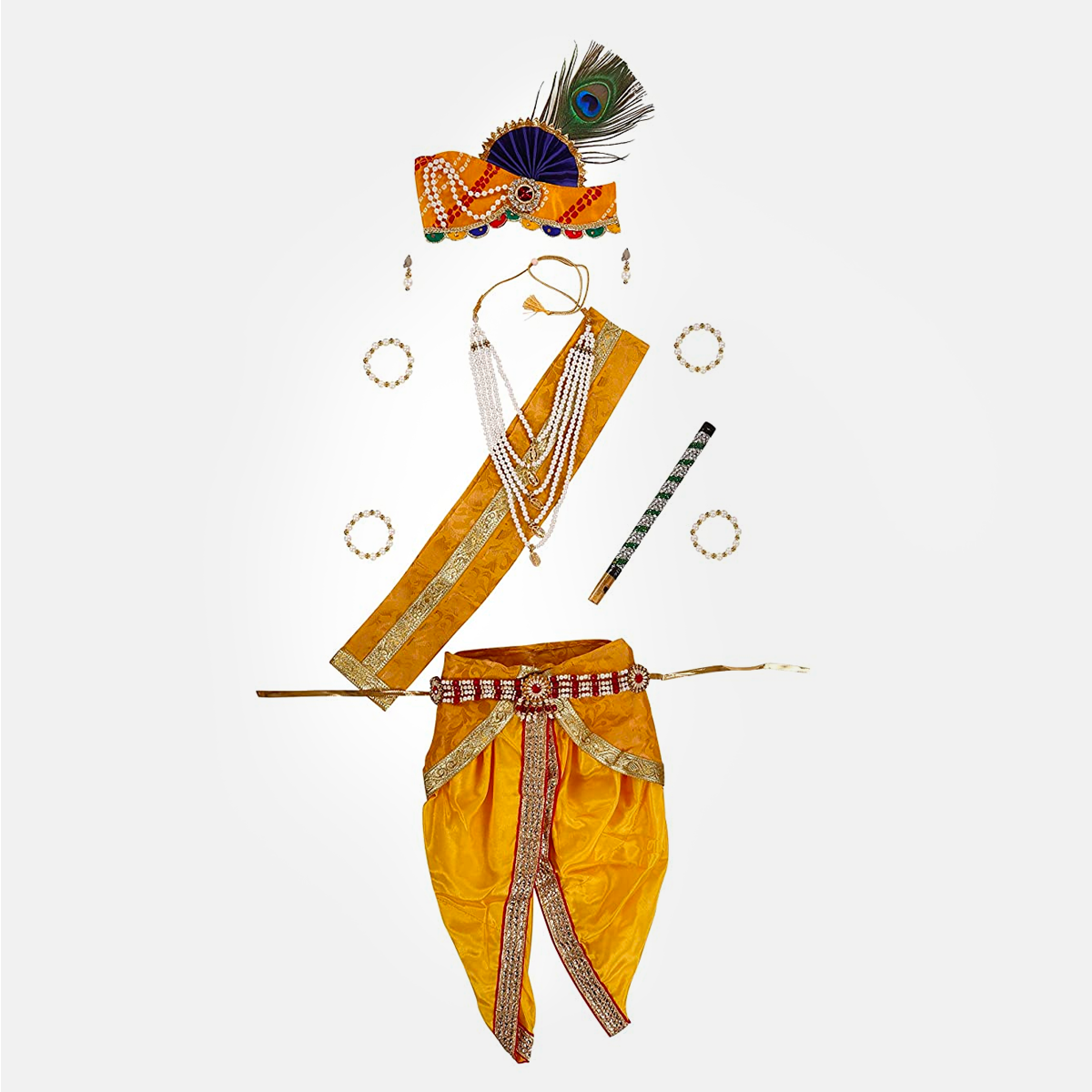 Janmashtmi Dress with Diaper-friendly Dhoti & Dupatta, Mor Pankh Mukut, 5-Layer Mala, Baju Bandh & Bansuri - Dress-Pagri-Mala