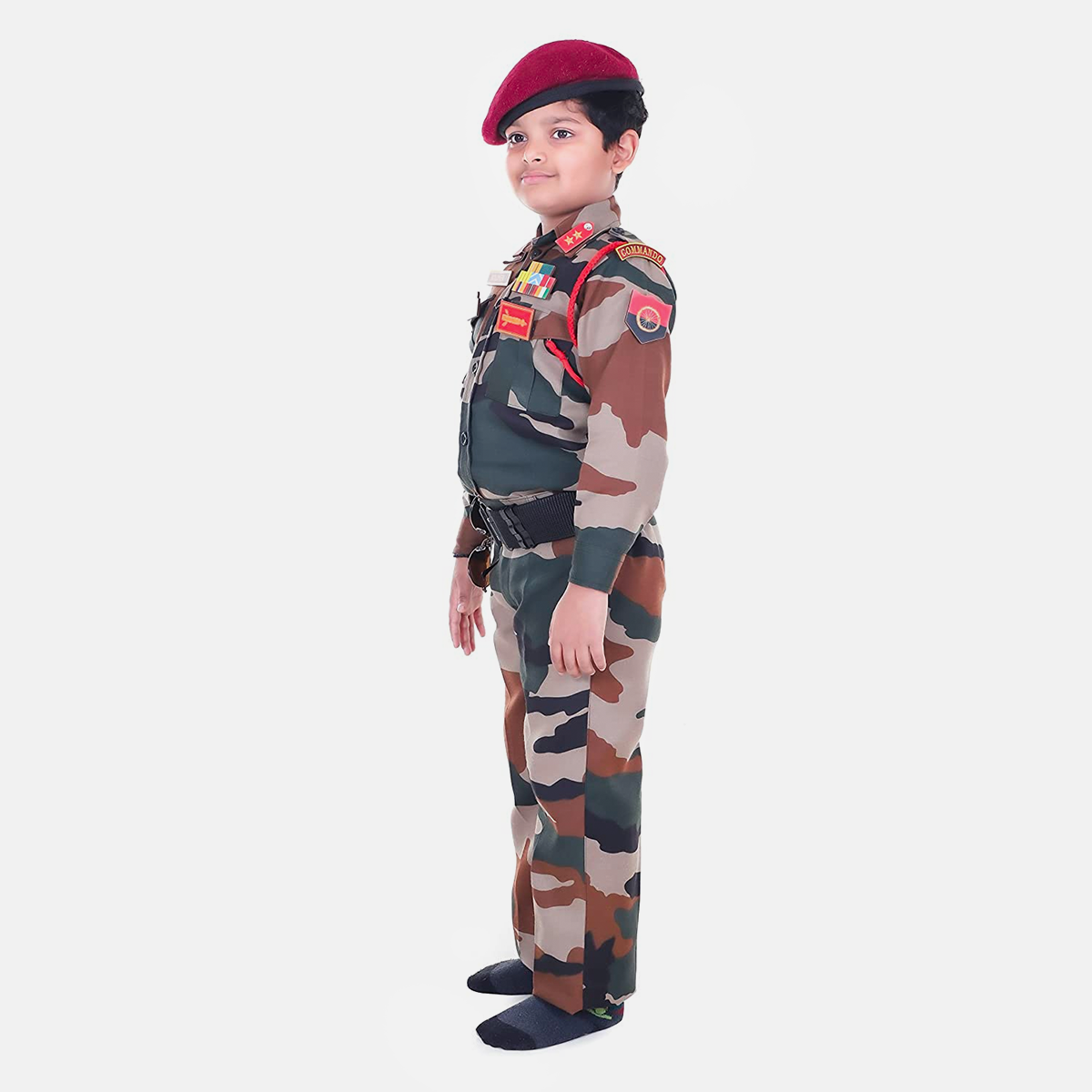Polyester Fabric Fancy Dress with New Print for Cosplay, 14 Pcs Set with Professional Belt, Special Badges, Maroon Beret Cap