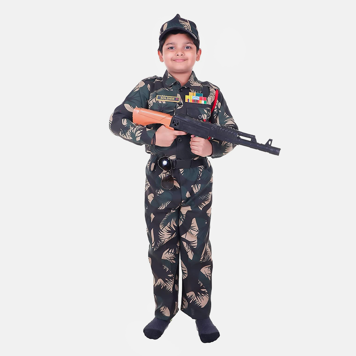 Army Dress for Kids, Polyester Fabric with Jungle Print for Patriotic Cosplay, 7Pc Set with Cap