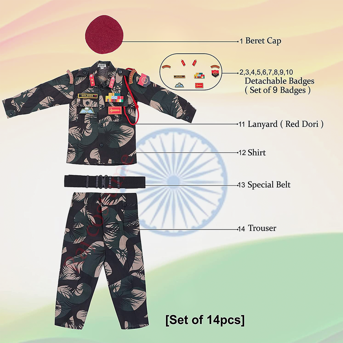 Army Dress for Kids, 14 Pcs Set with Professional Belt, Special Badges, Maroon Beret Cap