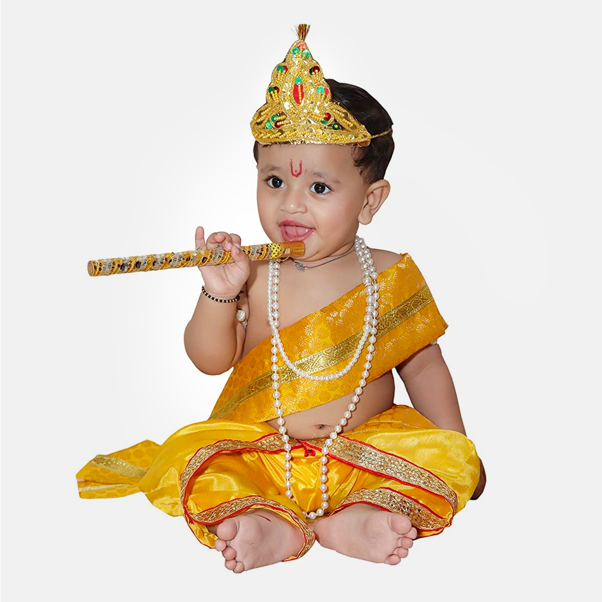 Janmashtmi Dress with Diaper-friendly Dhoti & Dupatta, Mor Pankh Mukut, 5-Layer Mala, Baju Bandh & Bansuri - Yellow