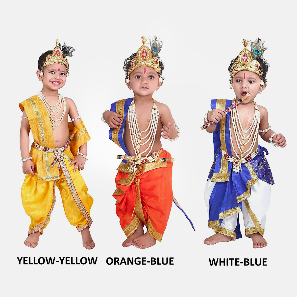 Janmashtmi Dress with Diaper-friendly Dhoti & Dupatta, Mor Pankh Mukut, 5-Layer Mala, Baju Bandh & Bansuri - Yellow and Magenta