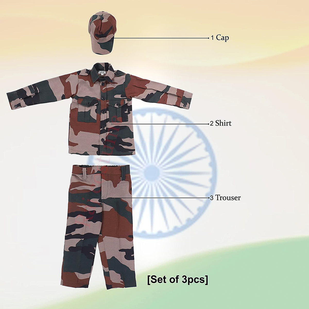 Military Soldier Costume, New Print Military Costume for Republic Day, Set of 3 with Pant, Shirt, Cap, 3Y