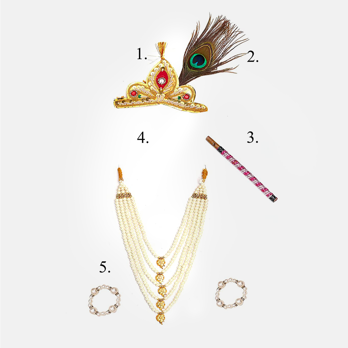 Janmashtmi Dress with Diaper-friendly Dhoti & Dupatta, Mor Pankh Mukut, 5-Layer Mala, Baju Bandh & Bansuri - Jewellery_Kids_BASIC