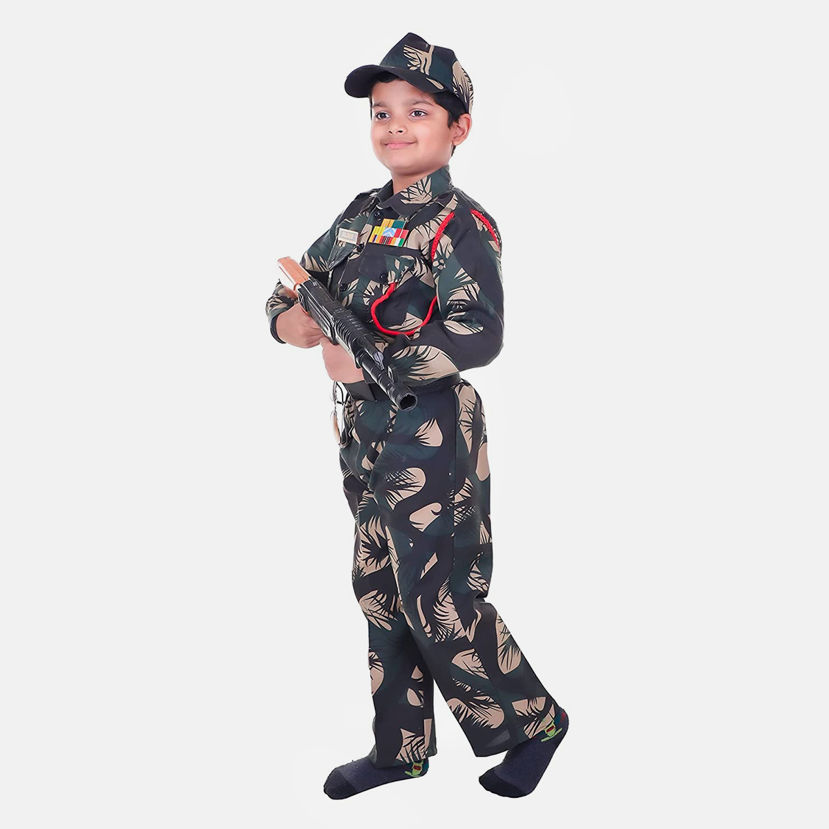 Army Dress for Kids, Polyester Fabric with Jungle Print for Patriotic Cosplay, 7Pc Set with Cap