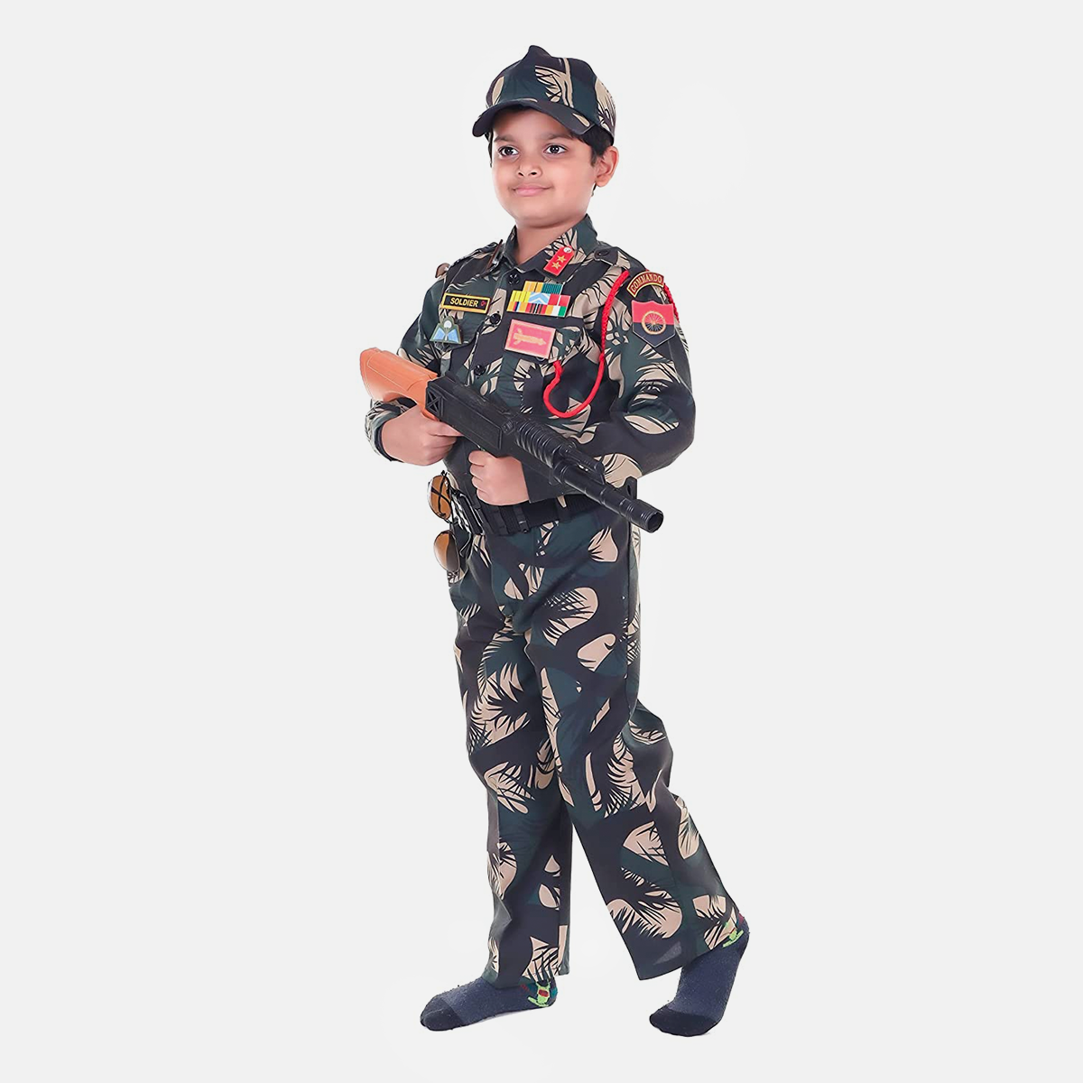 Army Dress for Kids, Polyester Fabric Indian Military Soldier Costume, 14 Pcs Set with Professional Belt