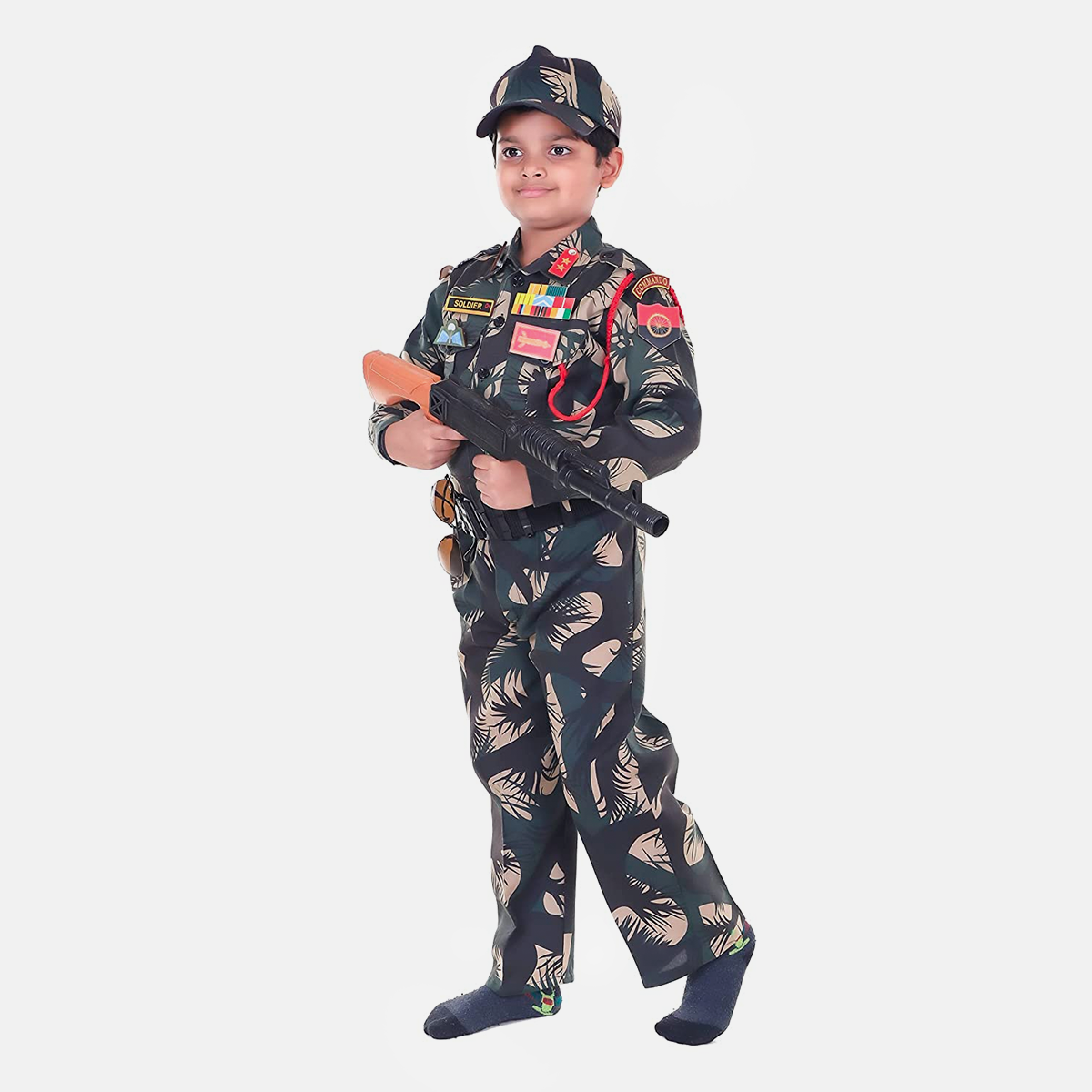 Army Dress for Kids, Jungle Print Costume for Republic Day, pecial Badges, Cap, Lanyard, 3Y