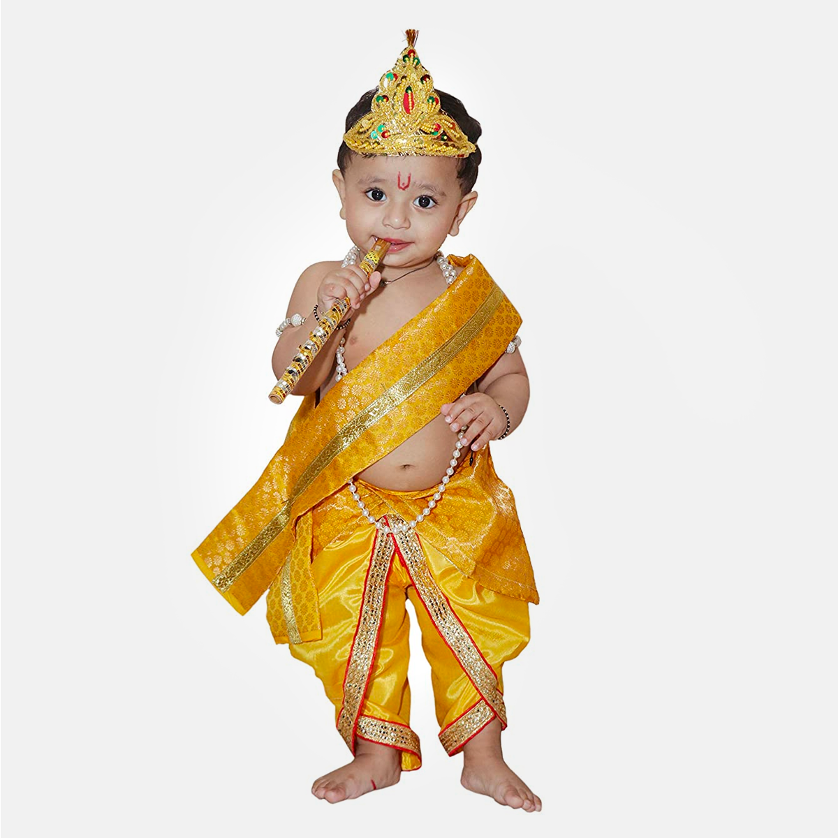 Janmashtmi Dress with Diaper-friendly Dhoti & Dupatta, Mor Pankh Mukut, 5-Layer Mala, Baju Bandh & Bansuri - Yellow