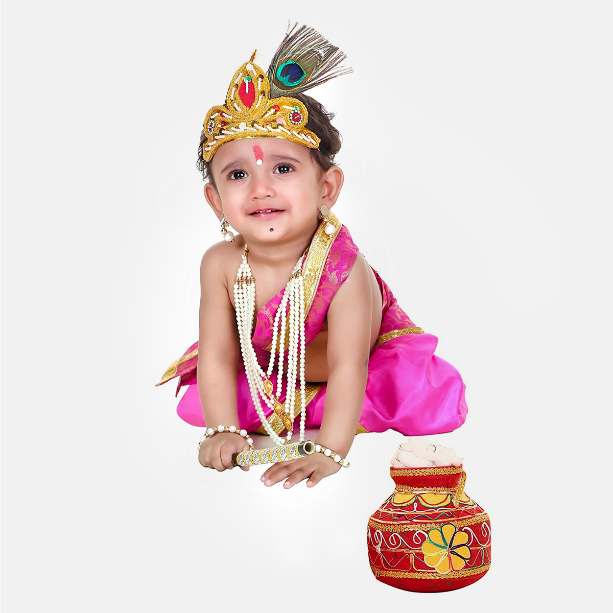 Baby Krishna Dress for Janmashtami with Krishna Mukut, Peacock Feather & Flute - FULL-PINK