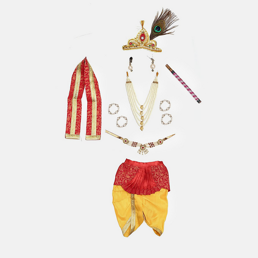 Baby Krishna Brocade Fabric Janmashtami Mythological Character Costume - Yellow and Red