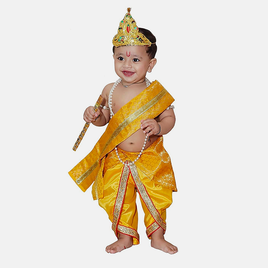 Baby Krishna Brocade Fabric Janmashtami Mythological Character Costume - Yellow