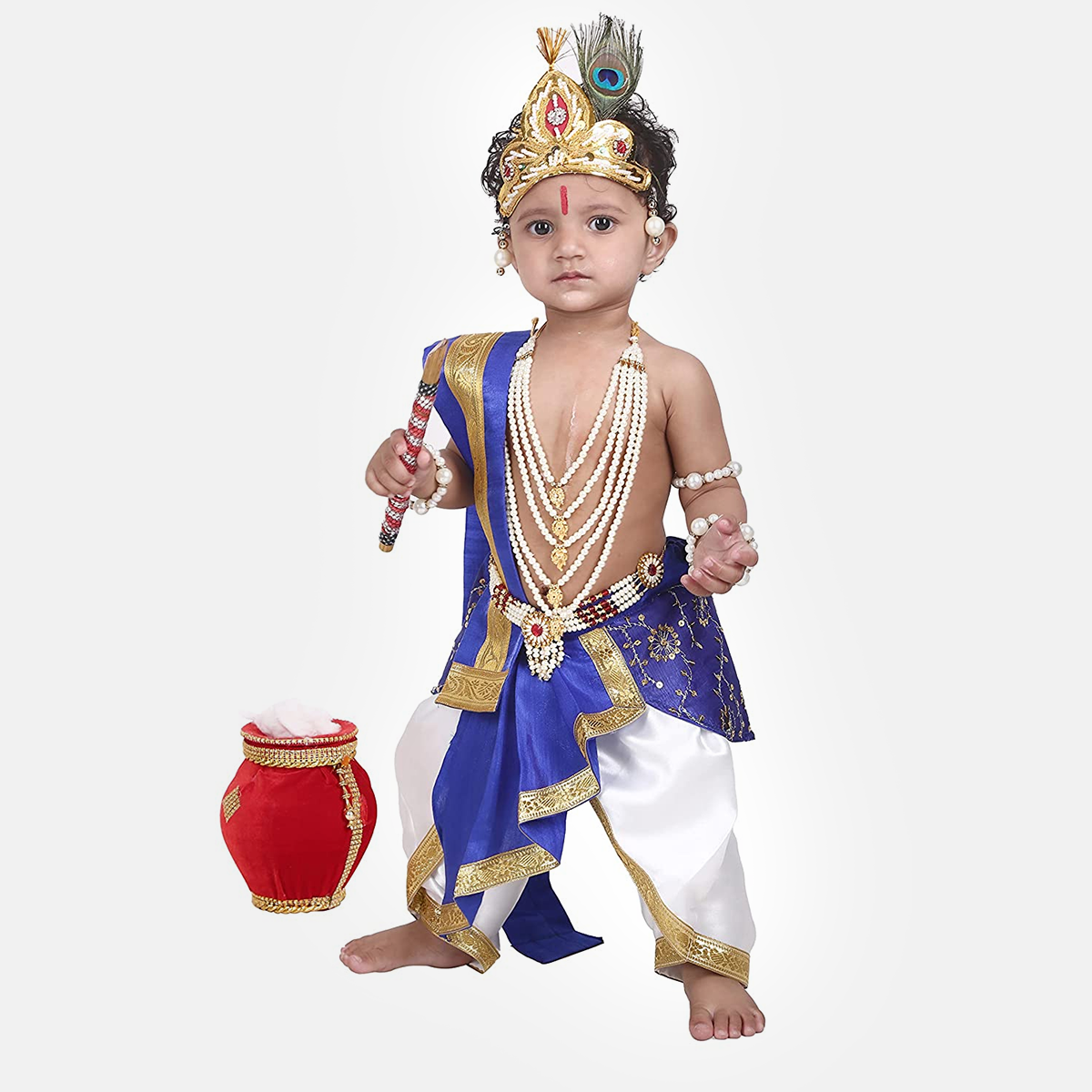 Janmashtmi Dress with Diaper-friendly Dhoti & Dupatta, Mor Pankh Mukut, 5-Layer Mala, Baju Bandh & Bansuri - White and Blue