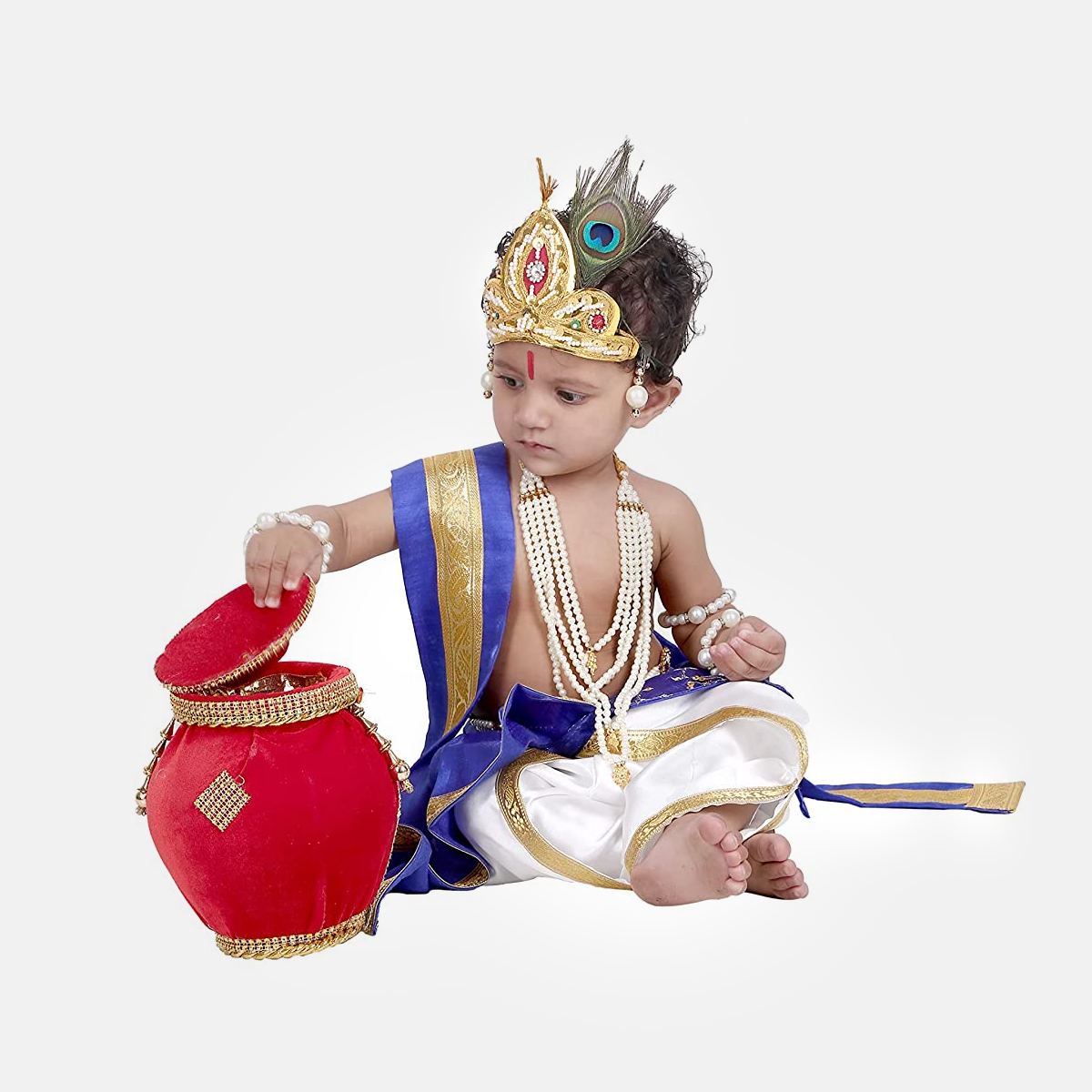Baby Krishna Brocade Fabric Janmashtami Mythological Character Costume - White and Blue