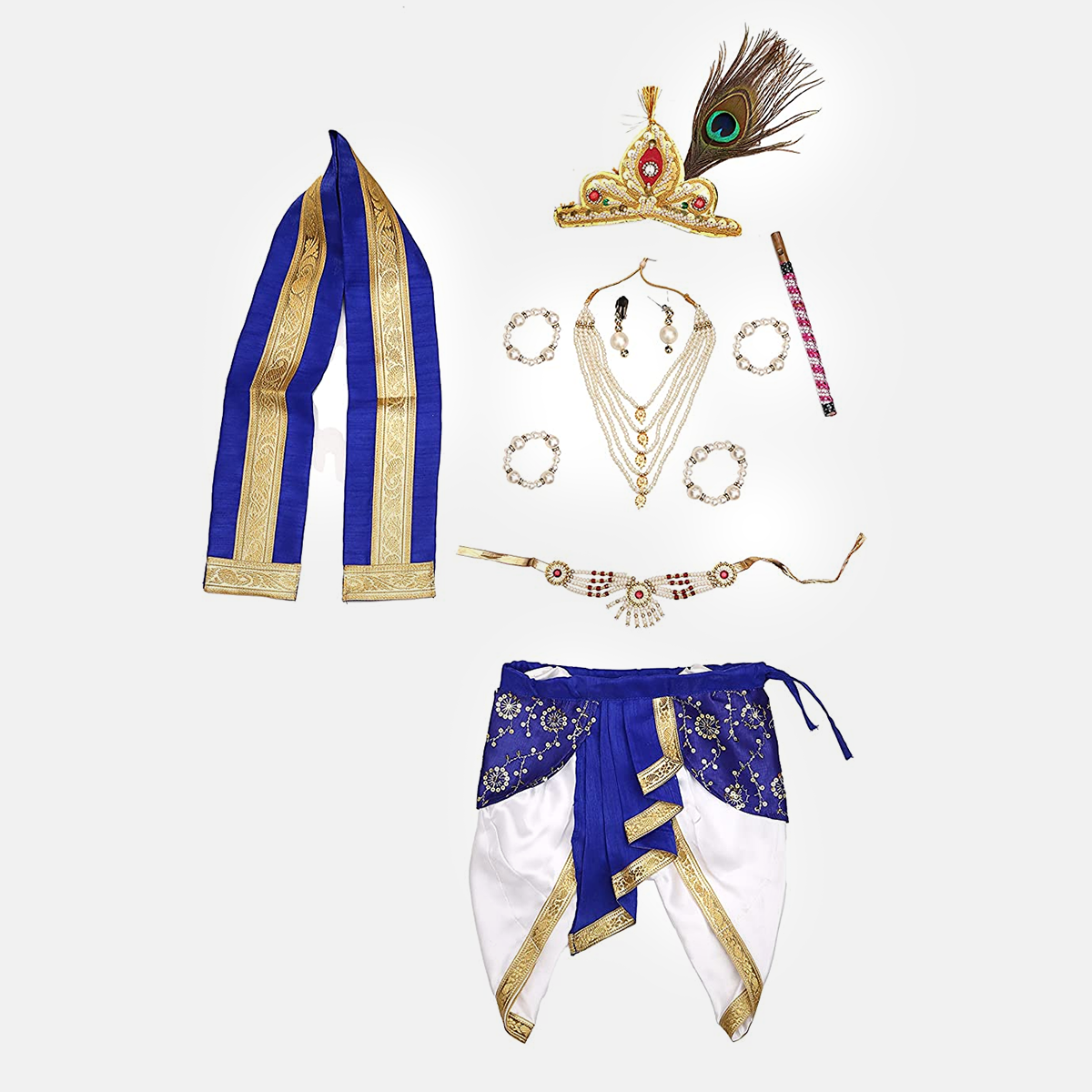 Janmashtmi Dress with Diaper-friendly Dhoti & Dupatta, Mor Pankh Mukut, 5-Layer Mala, Baju Bandh & Bansuri - White and Blue