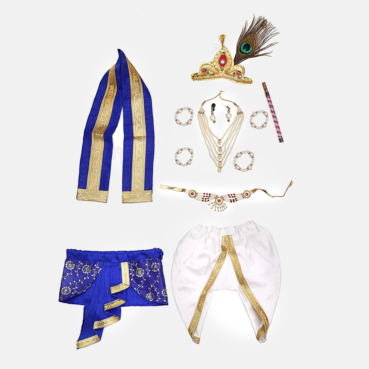 Baby Krishna Brocade Fabric Janmashtami Mythological Character Costume - White and Blue