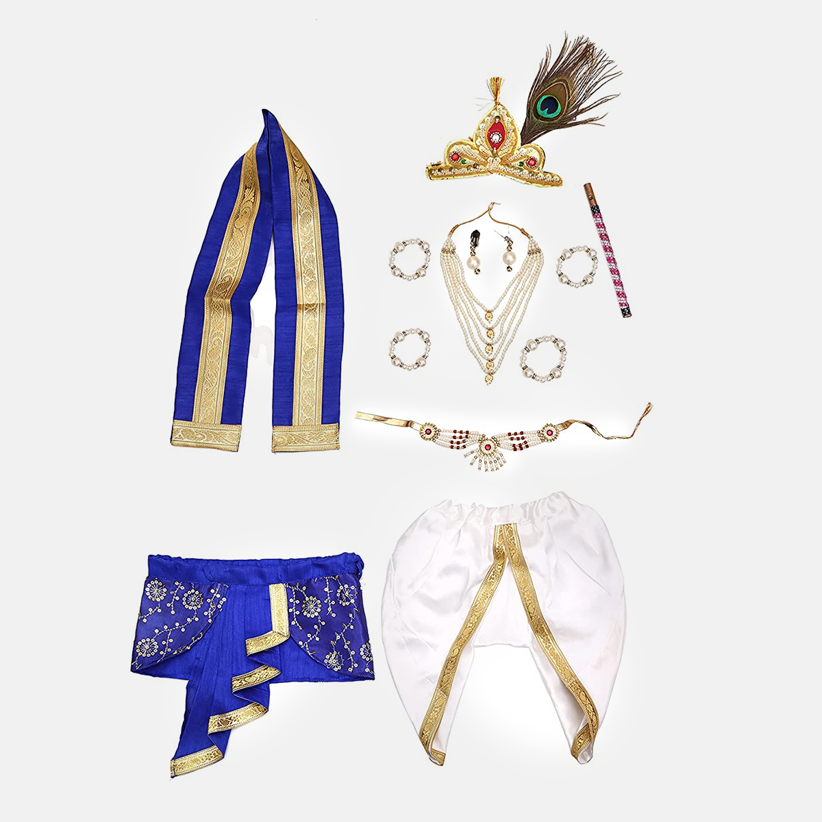Janmashtmi Dress with Diaper-friendly Dhoti & Dupatta, Mor Pankh Mukut, 5-Layer Mala, Baju Bandh & Bansuri - White and Blue