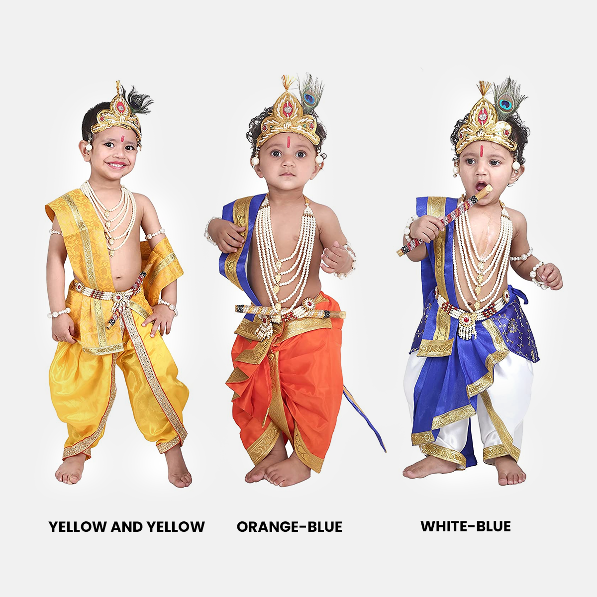 Janmashtmi Dress with Diaper-friendly Dhoti & Dupatta, Mor Pankh Mukut, 5-Layer Mala, Baju Bandh & Bansuri - Yellow and Orange