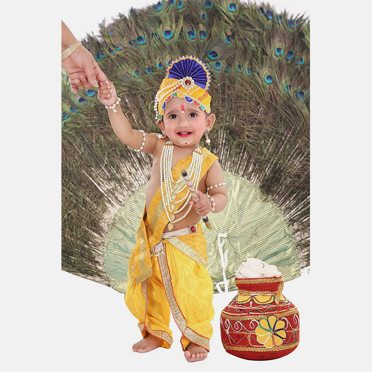 Baby Krishna Brocade Fabric Janmashtami Mythological Character Costume - Dress-Pagri-Mala