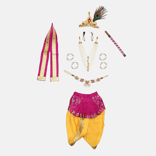 Baby Krishna Brocade Fabric Janmashtami Mythological Character Costume - Yellow and Magenta
