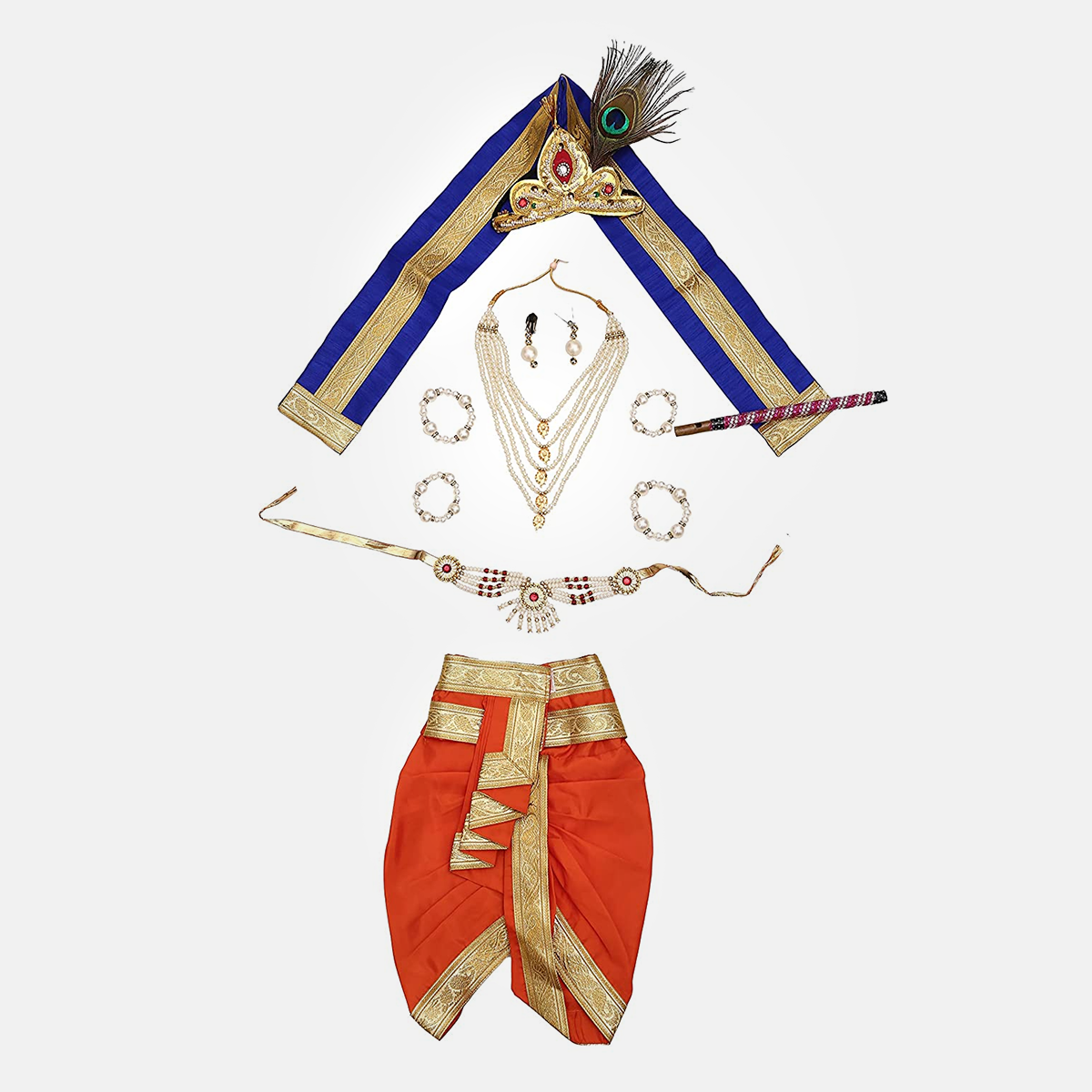 Janmashtmi Dress with Diaper-friendly Dhoti & Dupatta, Mor Pankh Mukut, 5-Layer Mala, Baju Bandh & Bansuri - Orange and Blue