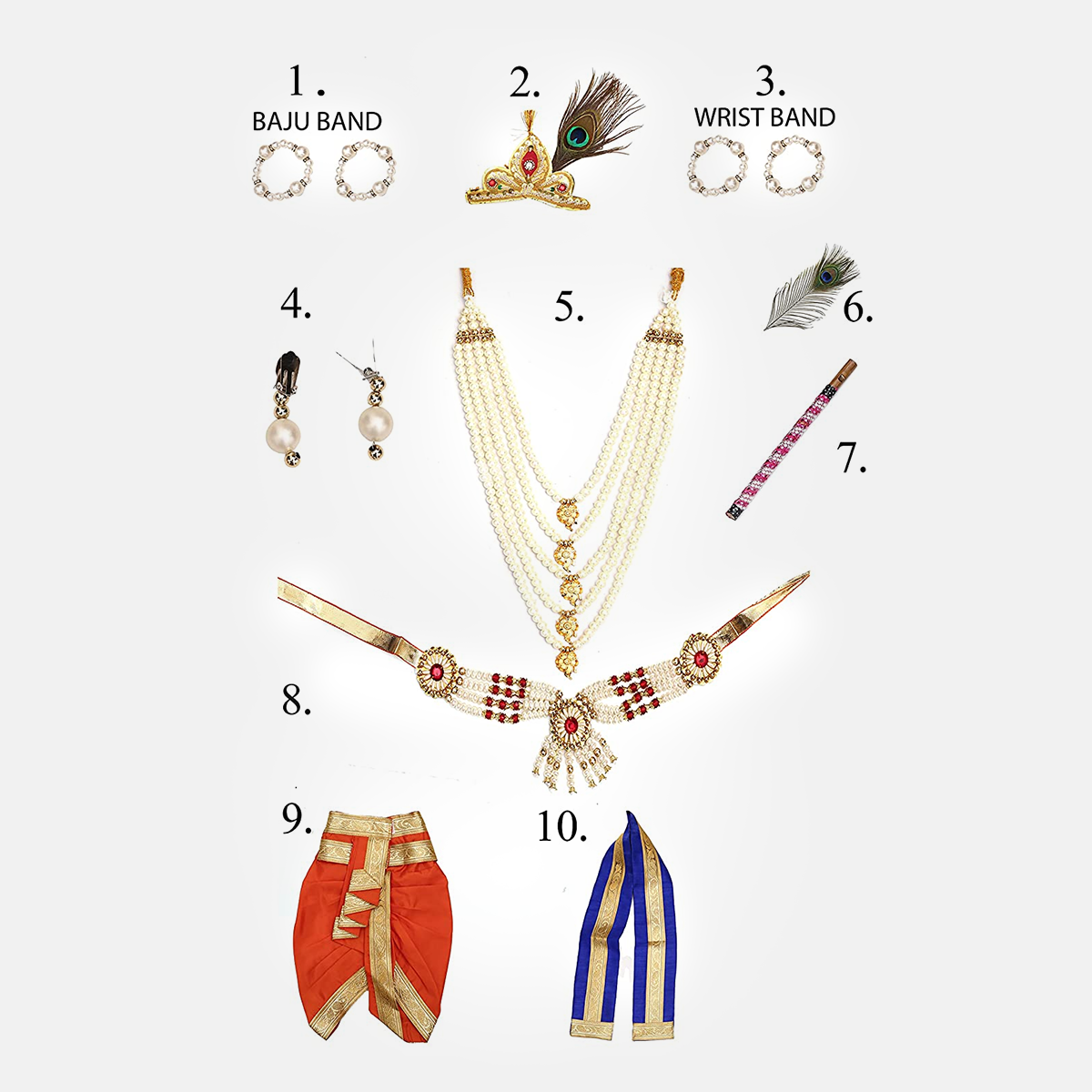 Janmashtmi Dress with Diaper-friendly Dhoti & Dupatta, Mor Pankh Mukut, 5-Layer Mala, Baju Bandh & Bansuri - Orange and Blue