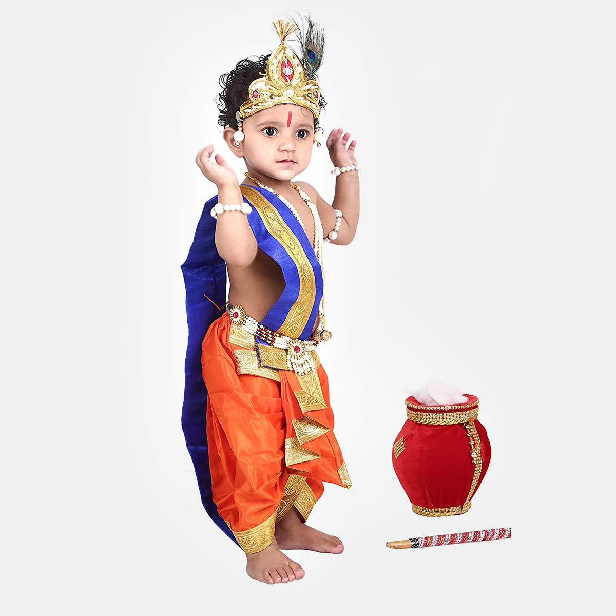 Baby Krishna Brocade Fabric Janmashtami Mythological Character Costume - Orange and Blue