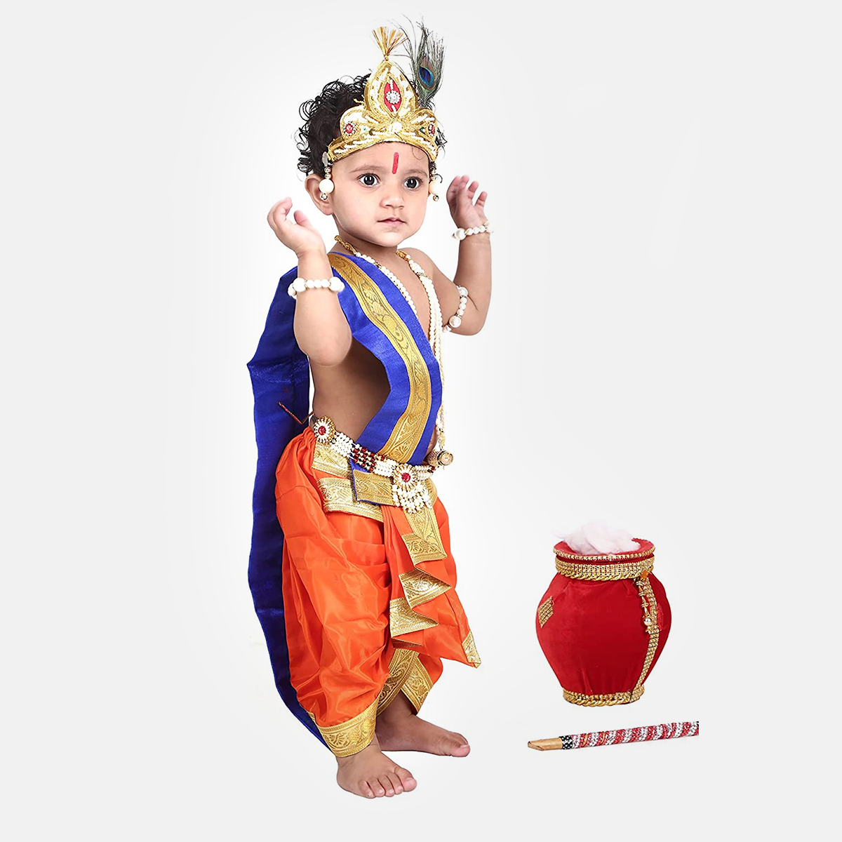 Janmashtmi Dress with Diaper-friendly Dhoti & Dupatta, Mor Pankh Mukut, 5-Layer Mala, Baju Bandh & Bansuri - Orange and Blue