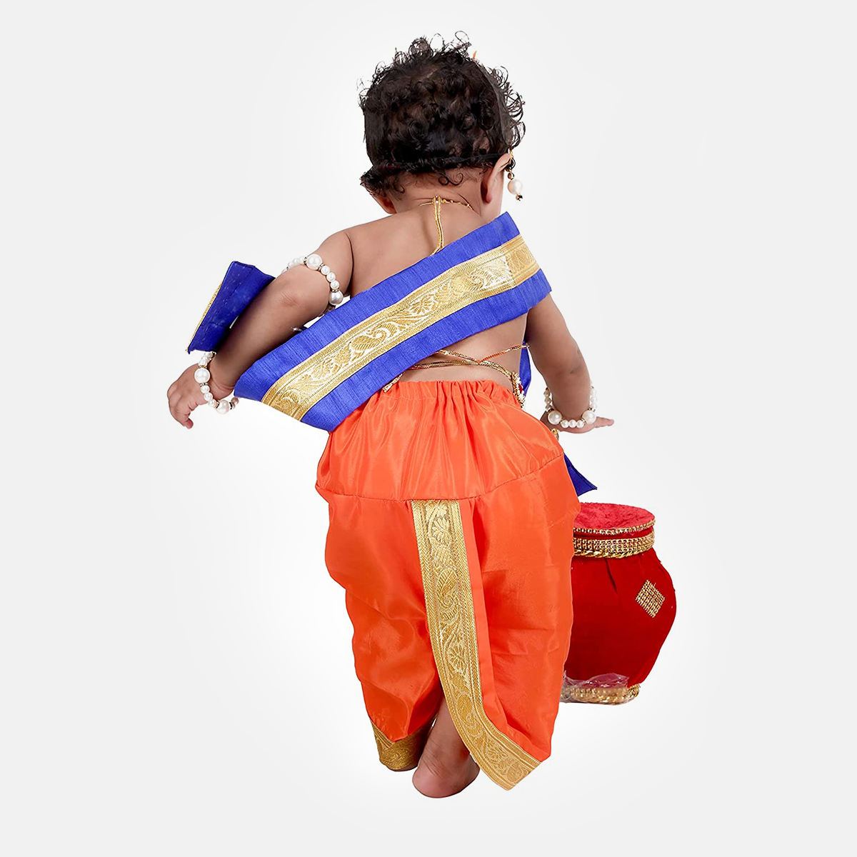 Baby Krishna Brocade Fabric Janmashtami Mythological Character Costume - Orange and Blue