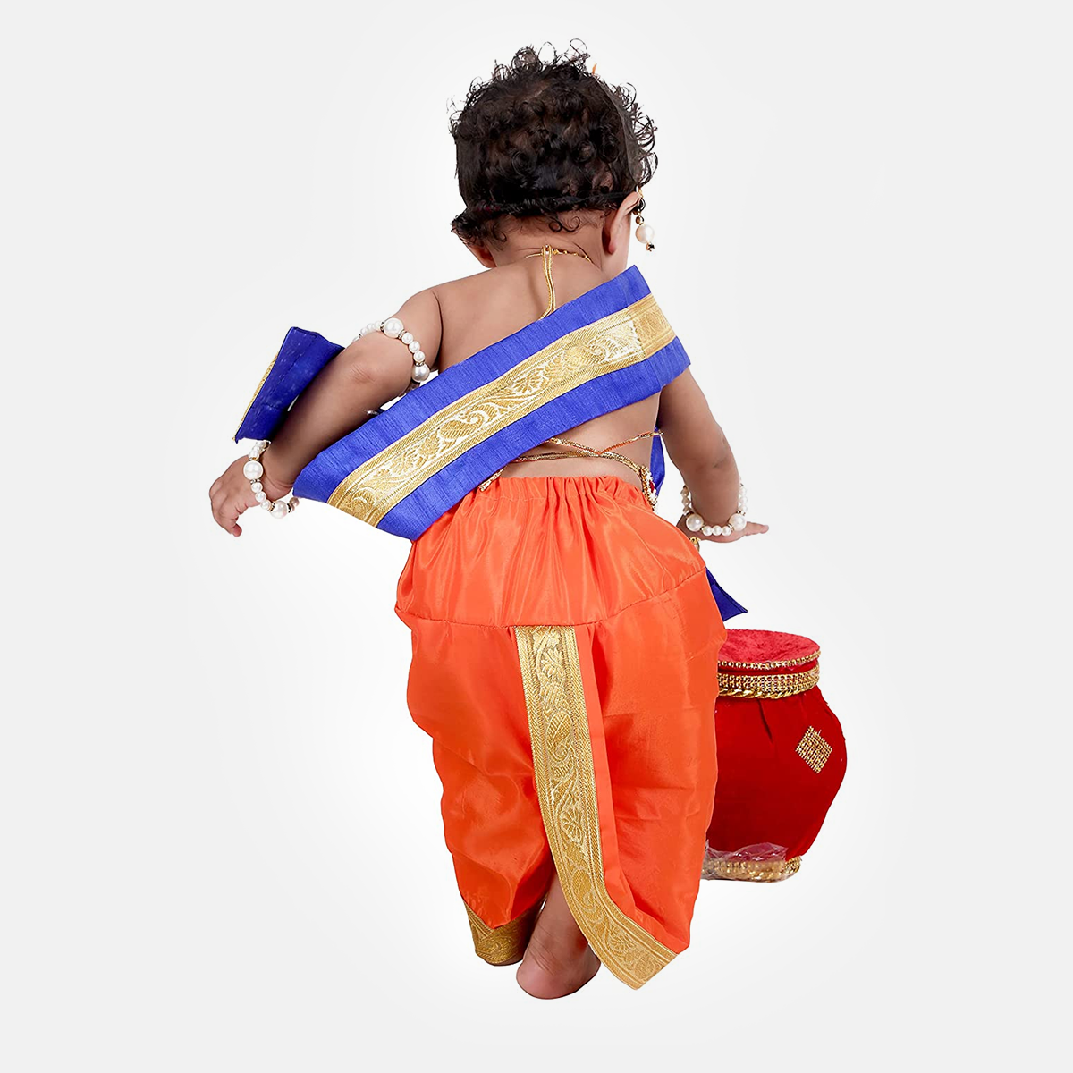 Janmashtmi Dress with Diaper-friendly Dhoti & Dupatta, Mor Pankh Mukut, 5-Layer Mala, Baju Bandh & Bansuri - Orange and Blue