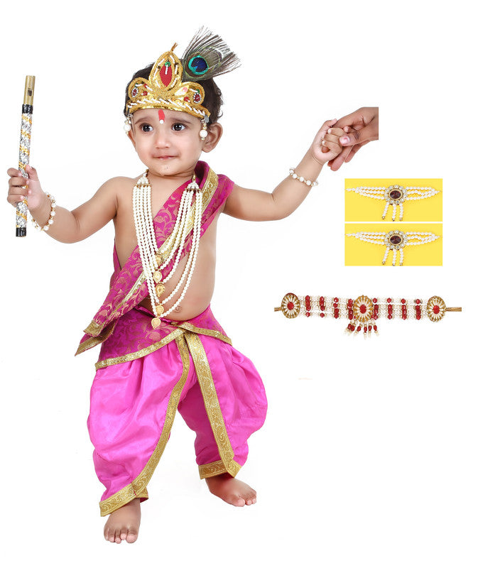 Baby Krishna Dress for Janmashtami with Krishna Mukut, Peacock Feather & Flute - FULL-PINK