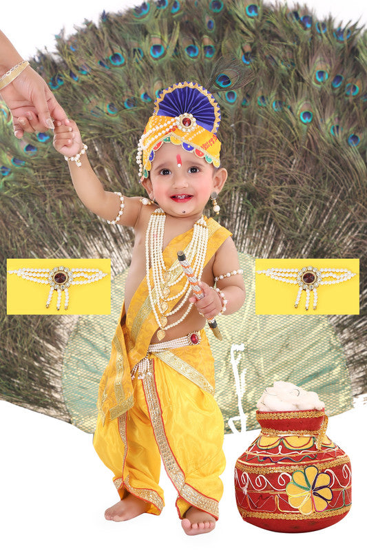 Baby Krishna Brocade Fabric Janmashtami Mythological Character Costume - Dress-Pagri-Mala