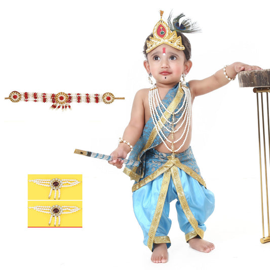 Baby Krishna Dress for Janmashtami with Krishna Mukut, Peacock Feather & Flute - Full-Ferozi