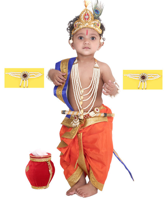 Baby Krishna Brocade Fabric Janmashtami Mythological Character Costume - Orange and Blue