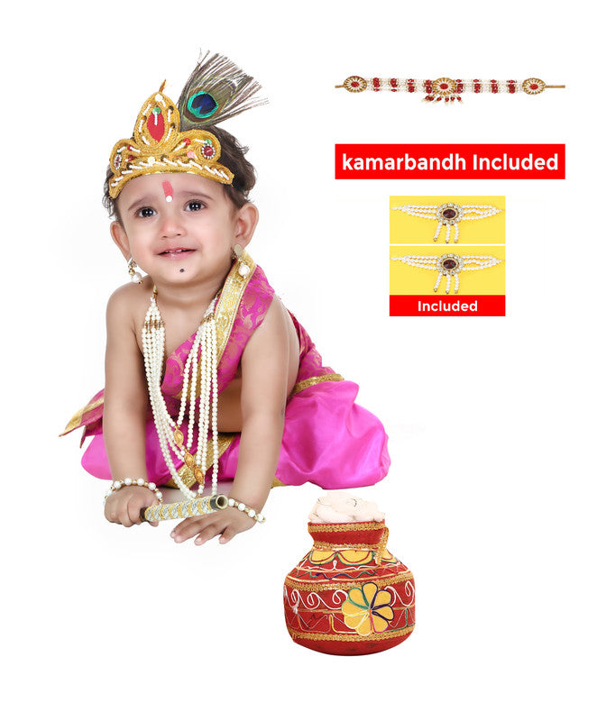 Baby Krishna Dress for Janmashtami with Krishna Mukut, Peacock Feather & Flute - FULL-PINK