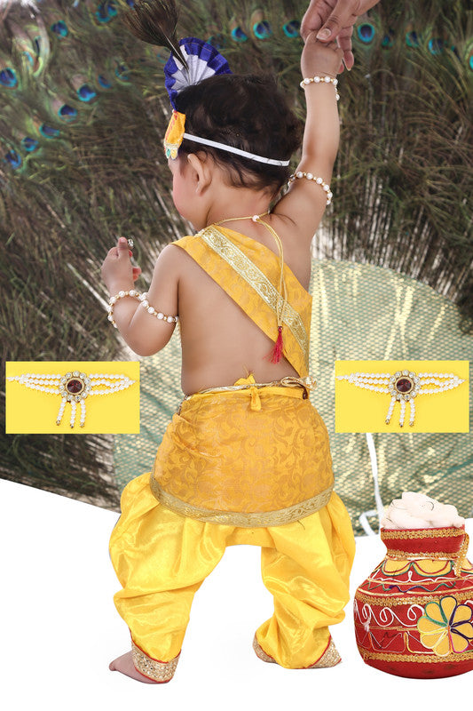 Baby Krishna Brocade Fabric Janmashtami Mythological Character Costume - Dress-Pagri-Mala