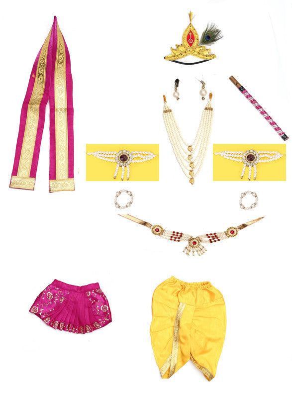 Baby Krishna Brocade Fabric Janmashtami Mythological Character Costume - Yellow and Magenta